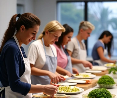Grupo de personas participando activamente en un taller de cocina saludable, con un chef nutricionista al frente.