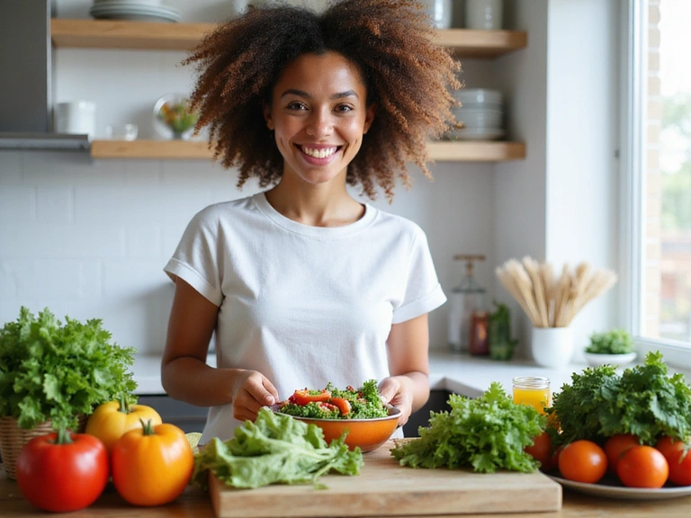 Mujer sonriendo mientras prepara una ensalada fresca con vegetales coloridos y frutas en una cocina moderna y luminosa.