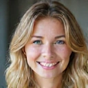 Retrato de una joven con cabello rubio y ojos brillantes, sonriendo cálidamente.